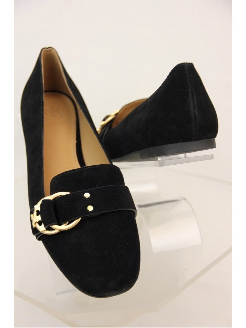Tory Burch Black Suede Leather Marsden Gold Tone Buckle Reva Flats Size 6 1/2